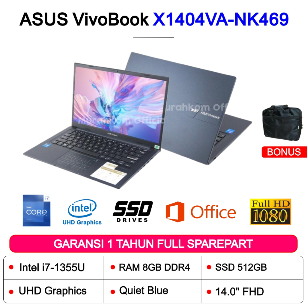 LAPTOP CORE I7 GEN 13 ASUS VivoBook X1404VA-NK469 INTEL CORE  i7 1335U 8GB 512GB NVME LAYAR 14" FHD