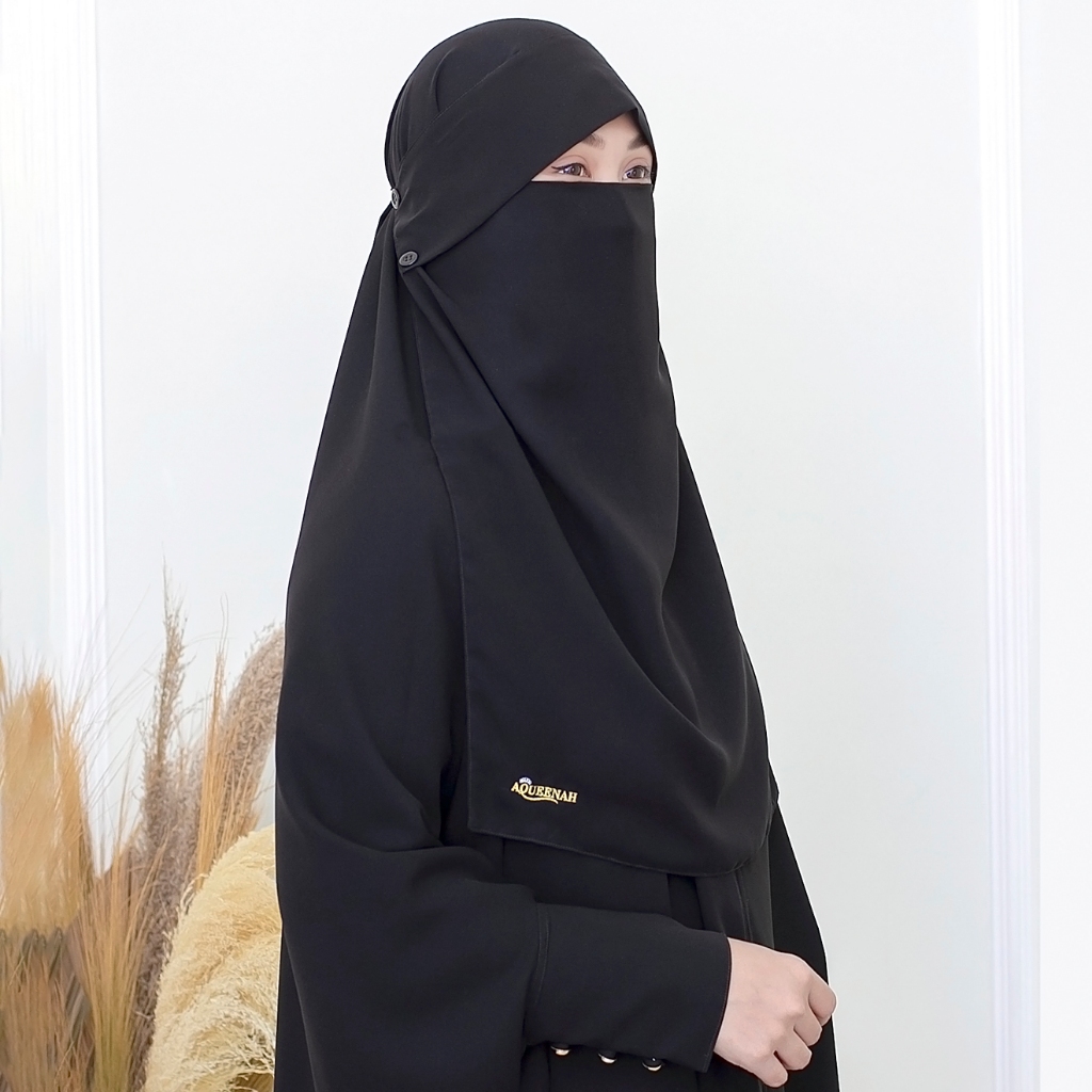 Aqueenah -  Cadar Khaulah Niqab Poni Kancing Sifon Silk Jetblack Premium