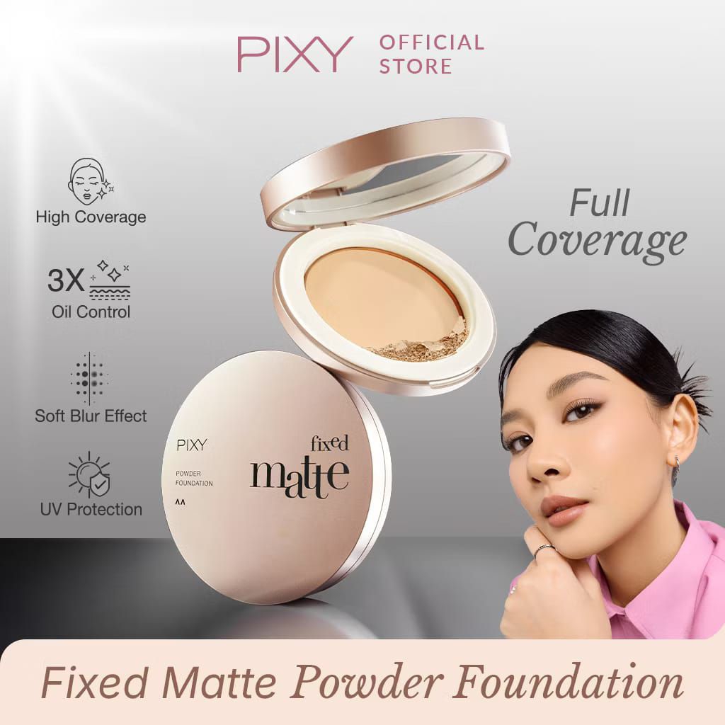 PIXY Fixed Matte Powder Foundation - Bedak + Foundation Ringan, Tahan Lama, Natural Matte