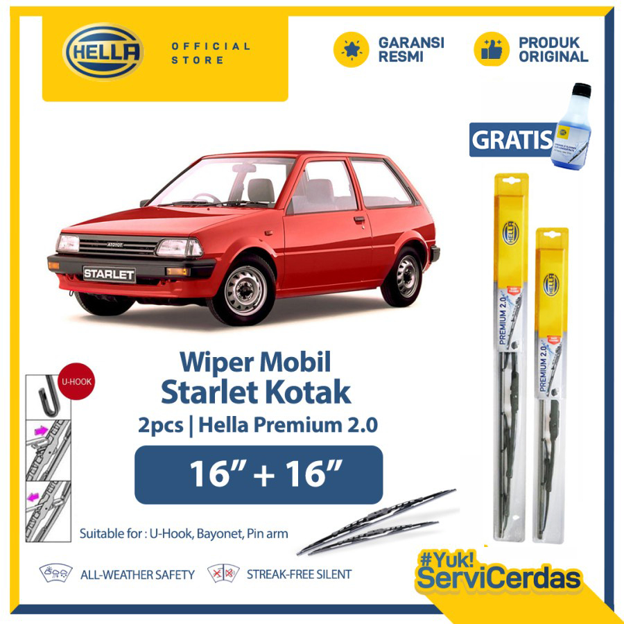 Wiper Mobil TOYOTA Starlet Kotak 16” + 16” (2pcs) - HELLA Premium 2.0