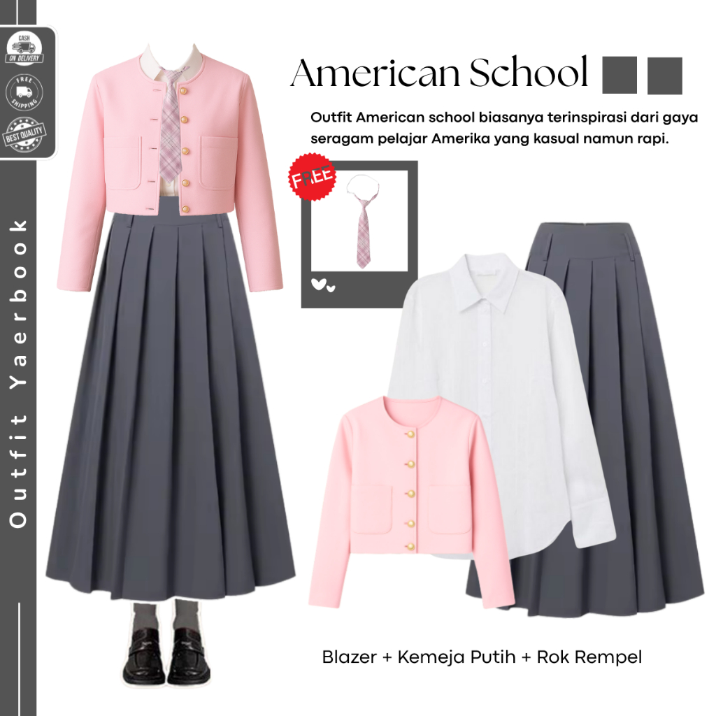 Oneset Viral Yearbook (Blazer + Kemeja Basic + Rok Remple ) OOTD Yearbook Remaja American School - F