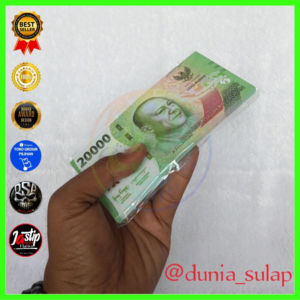 100 lembar mainan uang Rp.20.000 mirip asli kertas glossy