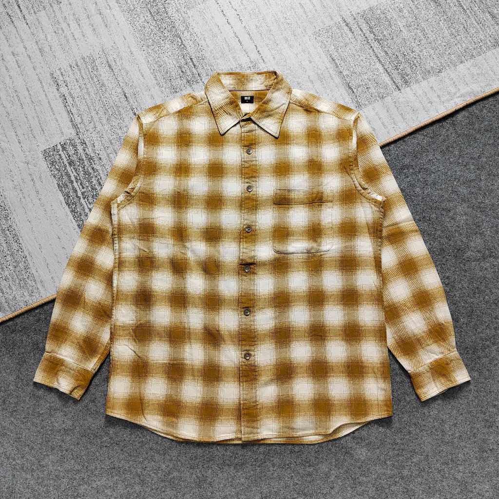 Uniqlo Veterano Flannel Shirt Yellow White Kemeja Flanel Outer Luaran