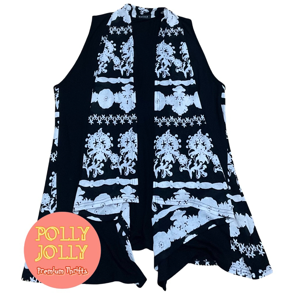 YI ER.X.Y - Cardigan Outer 3/4 Tanpa Lengan Kensi Motif Bunga Warna Hitam Putih (Preloved)