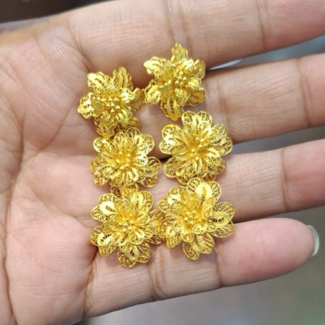 giwang bunga kerawang kendari handmade mewah elegant emas asli kadar 875