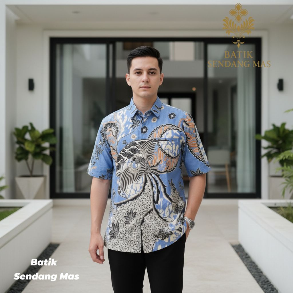 Kemeja Batik Pria Premium Lengan Pendek Batik Sendang Mas Motif Phoenix Biru