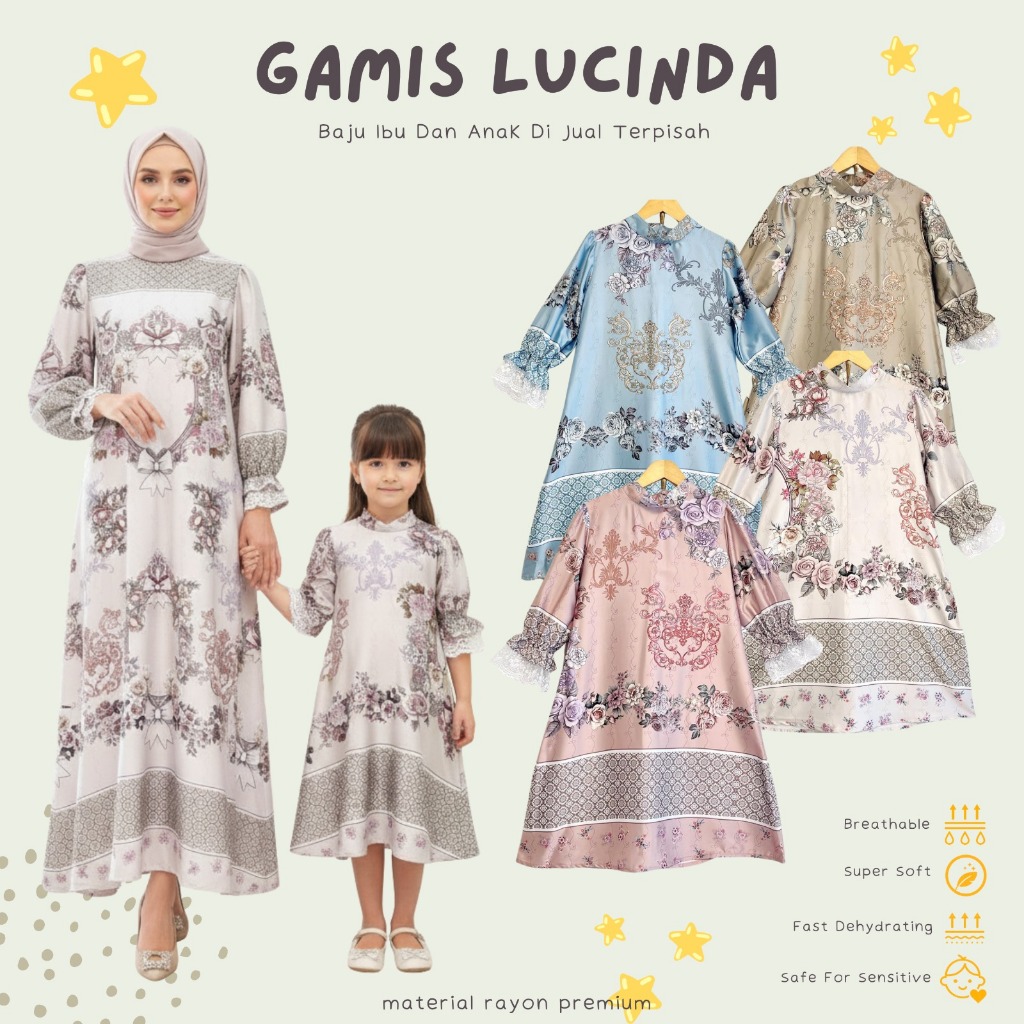 Gamis Lucinda Couple Ibu Dan Anak ( Dijual Terpisah ) Material Bahan Armani Silk