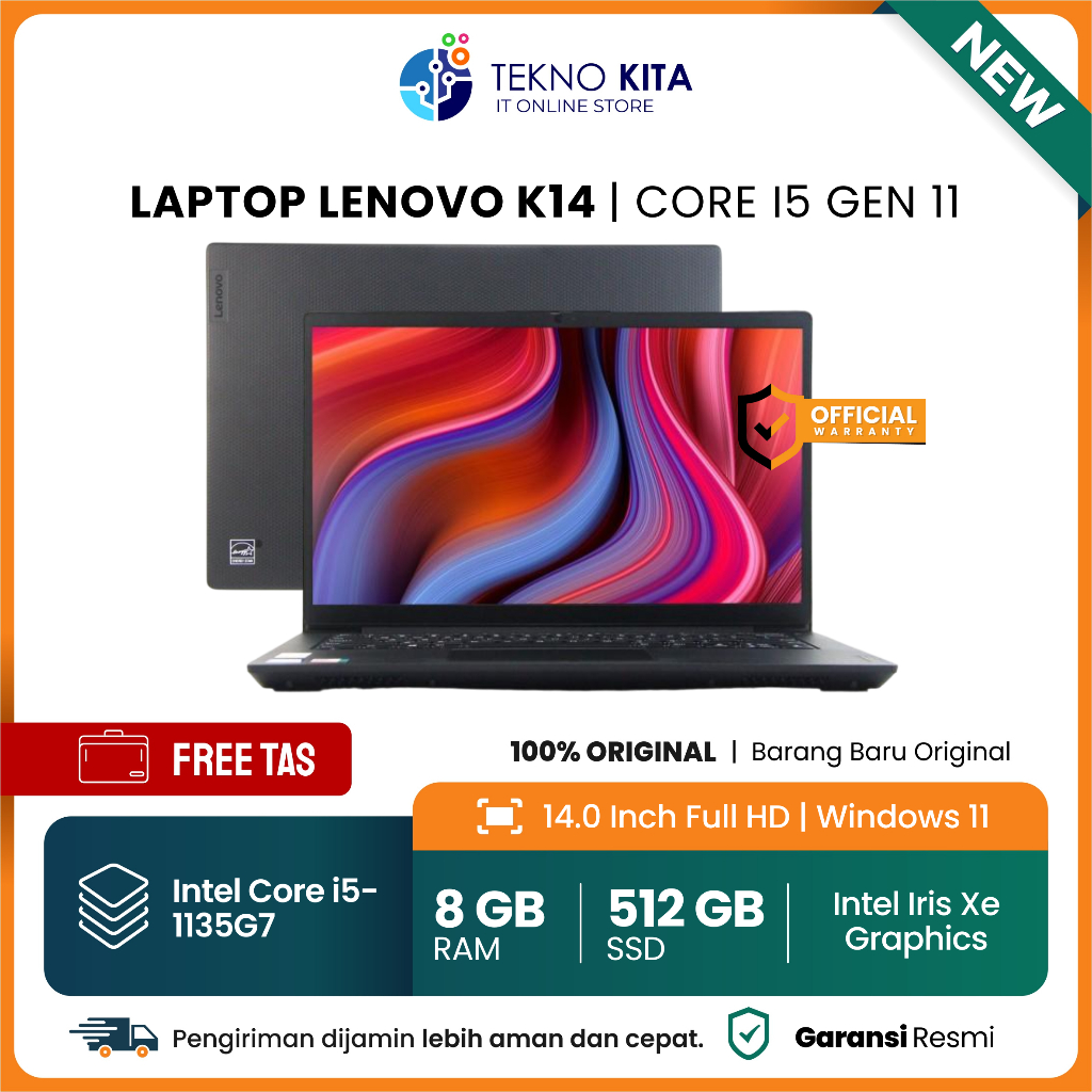 LAPTOP LENOVO K14 GARANSI RESMI - CORE I5-1135G7 - 8GB - 512GB SSD - 14" FHD ANTI GLARE - WINDOWS 11