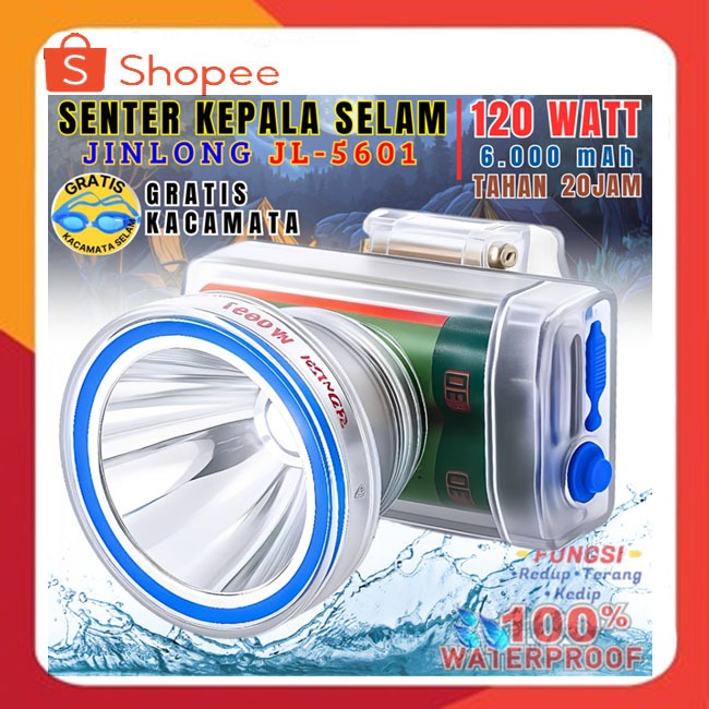 Jinlong Senter Kepala Selam Waterproof JL-5601 120 Watt Kapasitas Baterai 6000 mAh Charger Jack 8
