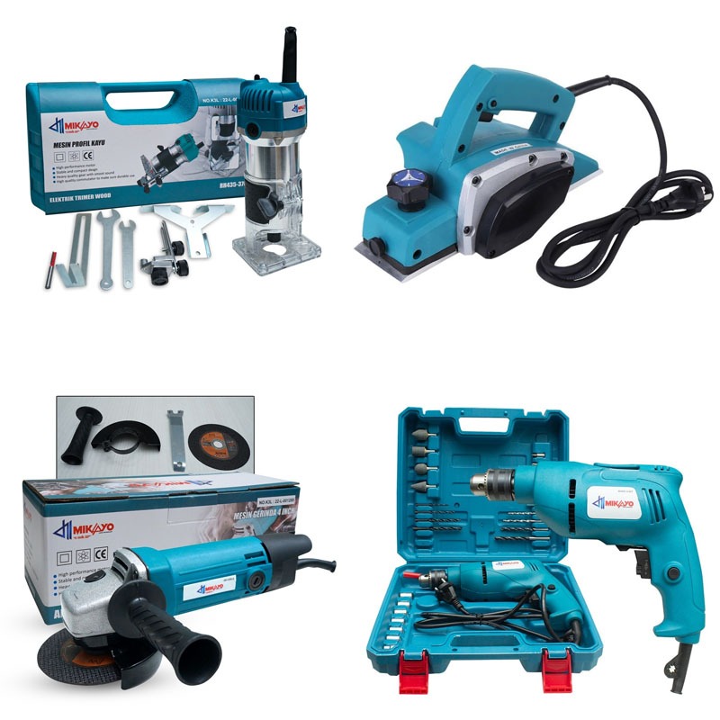 PAKET TUKANG KAYU LENGKAP , SERUT ,BOR SET , GERINDA MIKAYO Paket Tukang Kayu 3 Item Mesin Planer Ge
