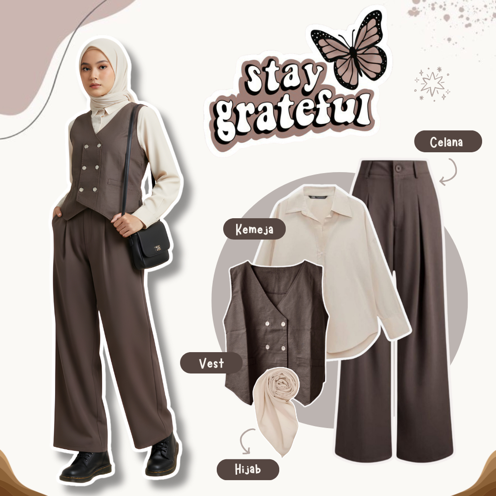 Setelan Wanita 4 In 1 Vest Kemeja Celana Hijab OOTD Korean Look Hijab Setelan Baju Kekinian Outfit K