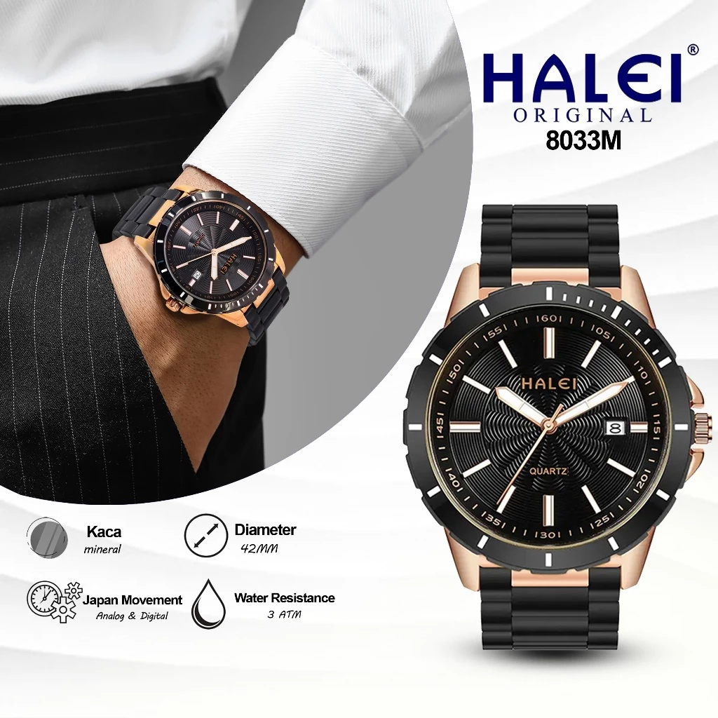 Jam Tangan Halei 8033M Original Pria Analog Jarum Rantai Stainless Steel Cowok 8033 Fashion Japan