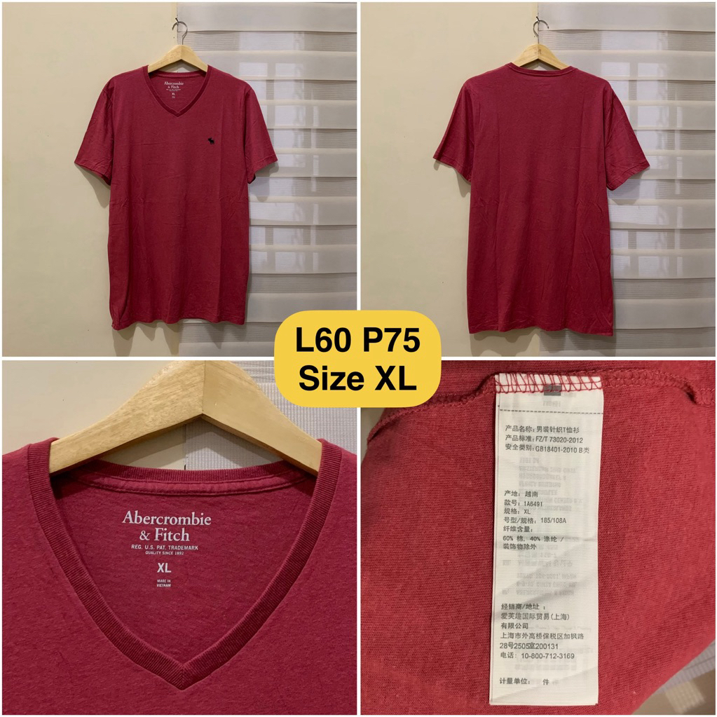 Kaos Abercrombie & Fitch Maroon Vneck Original