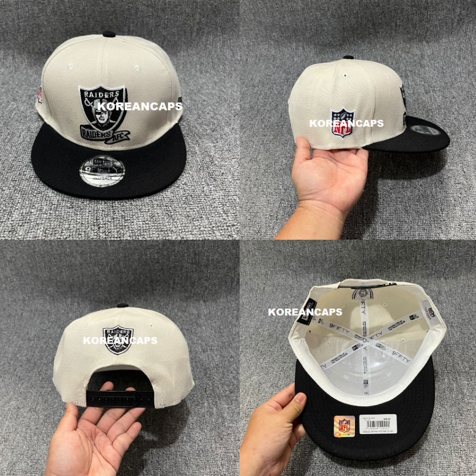 Topi Snapback NFL Oakland Raiders Cream Black Logo Bordir Adjustable Caps