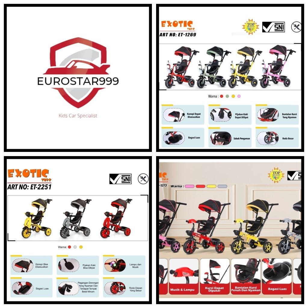SEPEDA RODA TIGA TRICYCLE STROLLER ANAK EXOTIC ET2251 VESPA MUSIK LAMPU / ET1269 / ET1273
