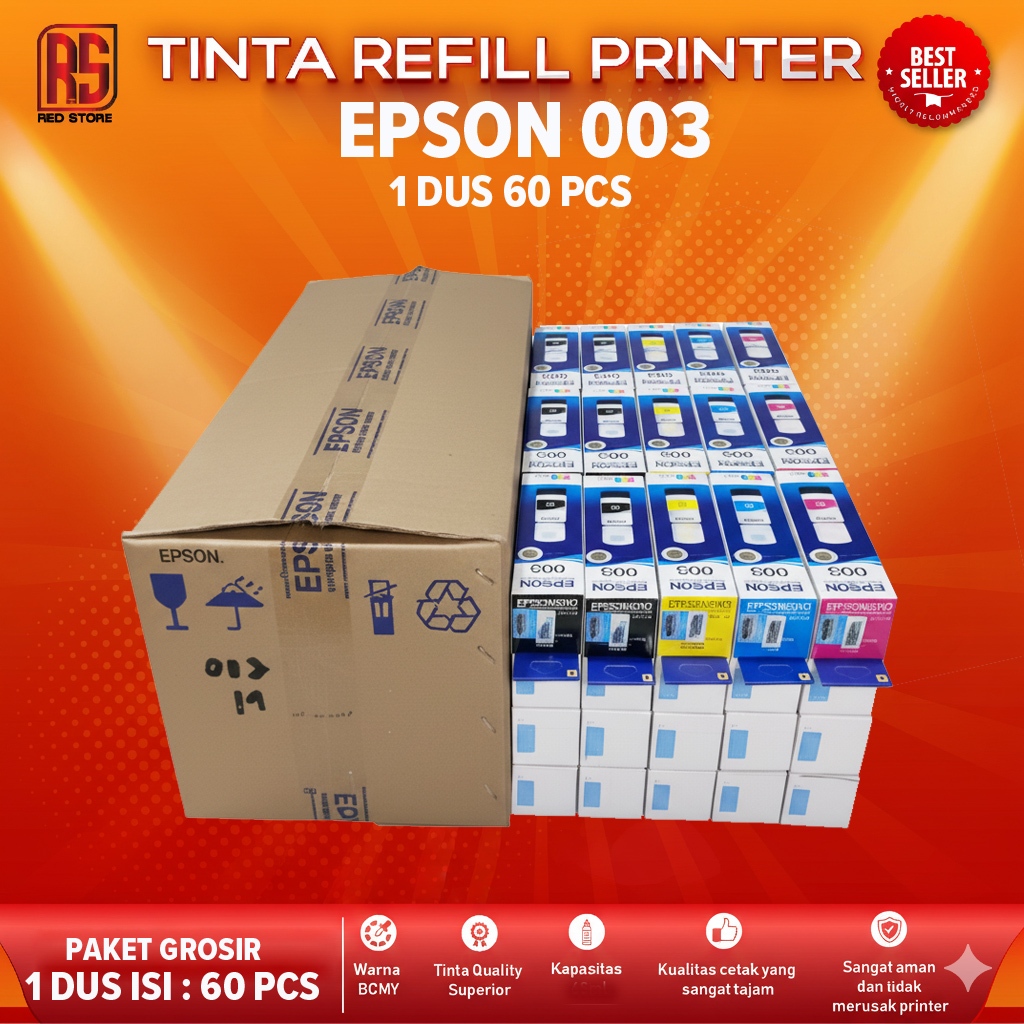1 Dus Isi 60 Pcs Tinta Epson 003 Warna Black Cyan Yellow Magenta Cocok Untuk printer Epson Tipe L111