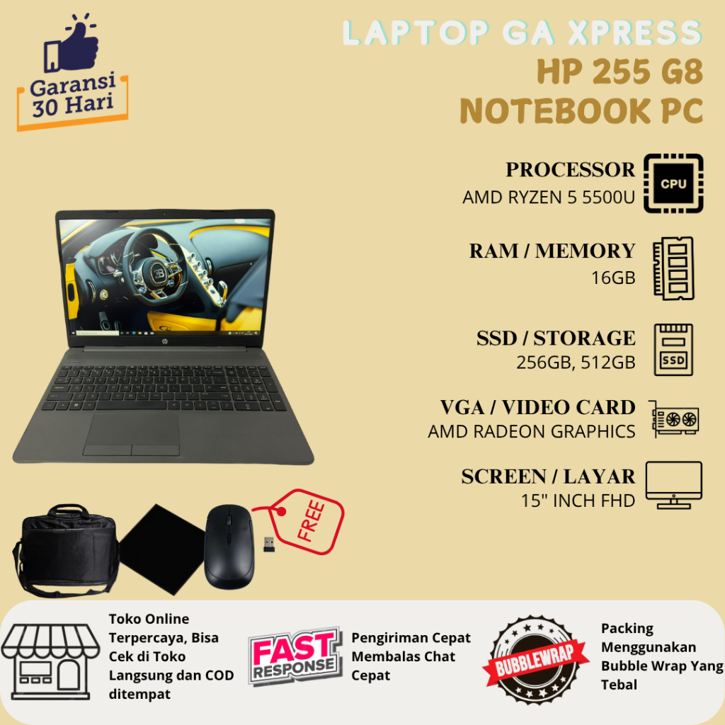 HP 255 G7/G8 NoteBook PC AMD Ryzen 5 3500U/5500U Layar 15" Inch FHD - RAM 8GB, 16GB SSD 256GB