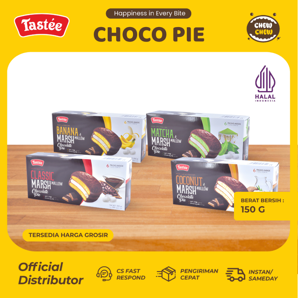 TASTEE Choco Pie Marshmallow 150g Isi 6pcs Snack Lembut Rasa Classic / Matcha / Banana / Coconut