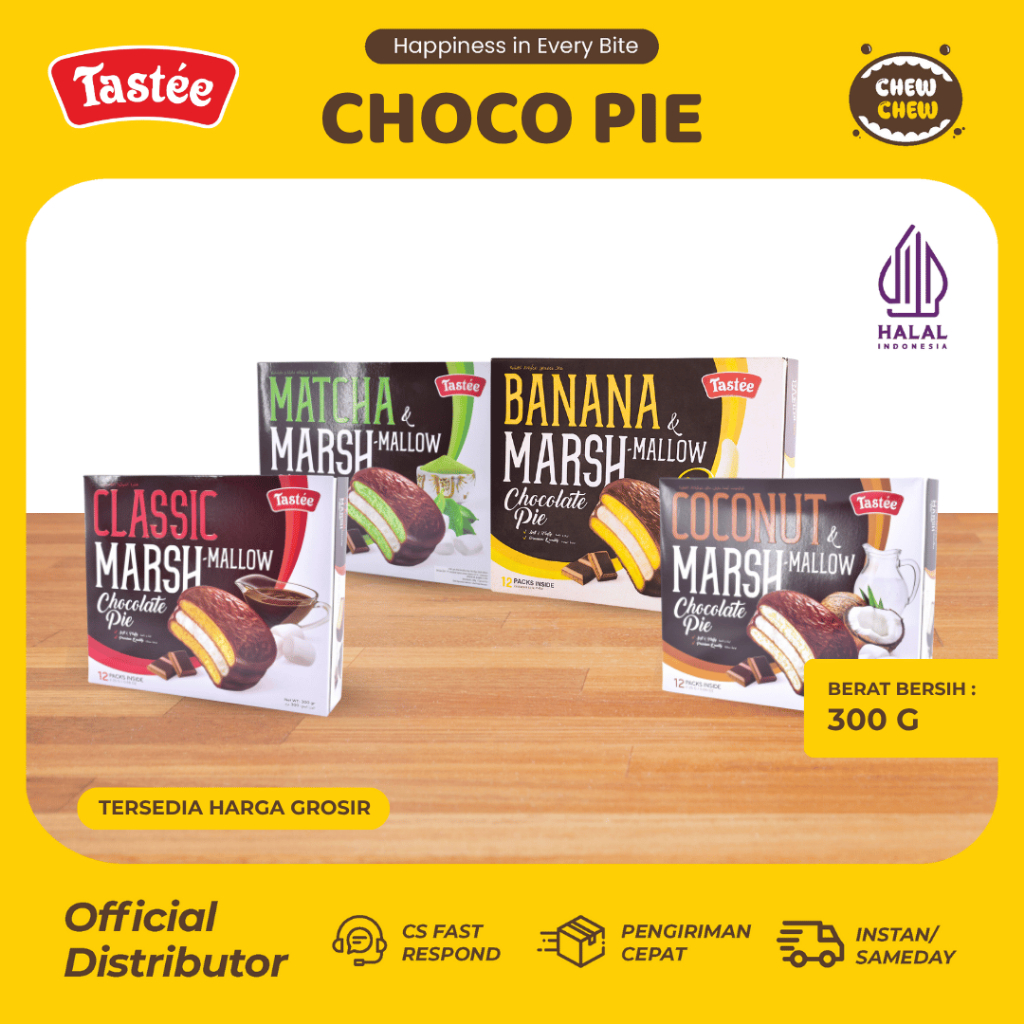 TASTEE Choco Pie Marshmallow 300g Isi 12pcs Cemilan Lembut Rasa Classic / Matcha / Banana / Coconut