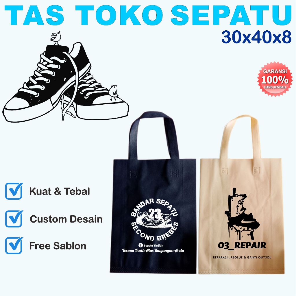 Tas Spunbond Sepatu Shoes 30x40x8 Tebal Sablon AWET