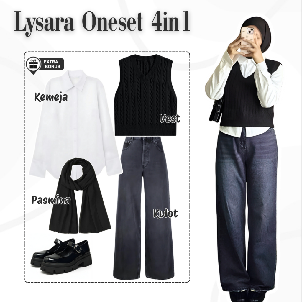 Oneset One set 4in1 setelan hijab wanita kemeja basic polos vest rompi rajut celana kulot jeans jins