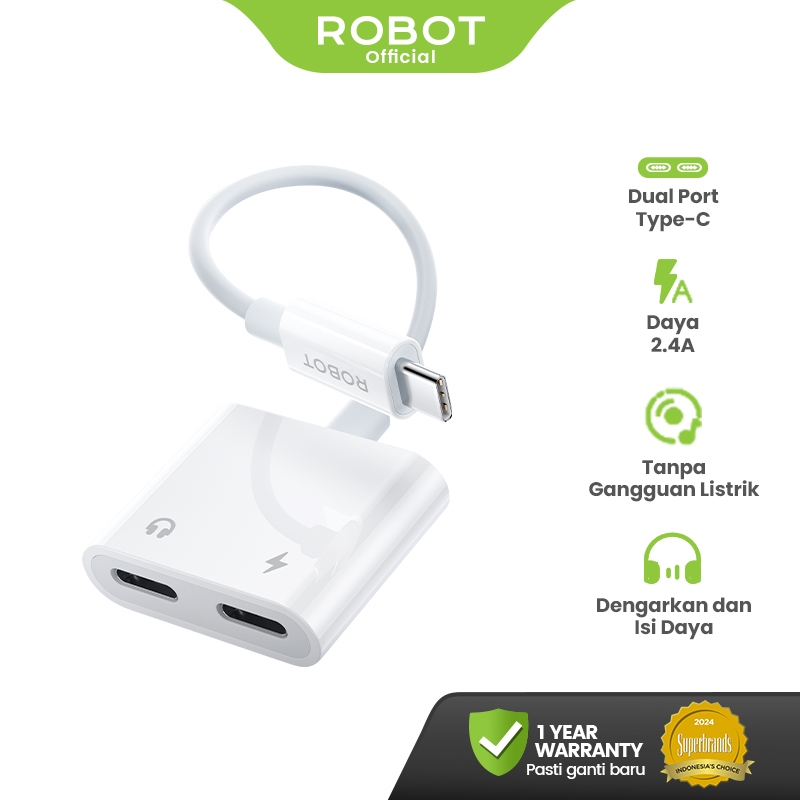 ROBOT Data Cable Audio Type-C To Type-C Dual Port Fast Charging 2.4A Kabel Data RUC01 Original - Gar