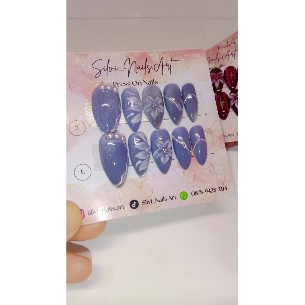 Blue bunga 3D motif nails super premium FREE LEM | Press On Nails | Nail Art | Nailarts | kuku palsu