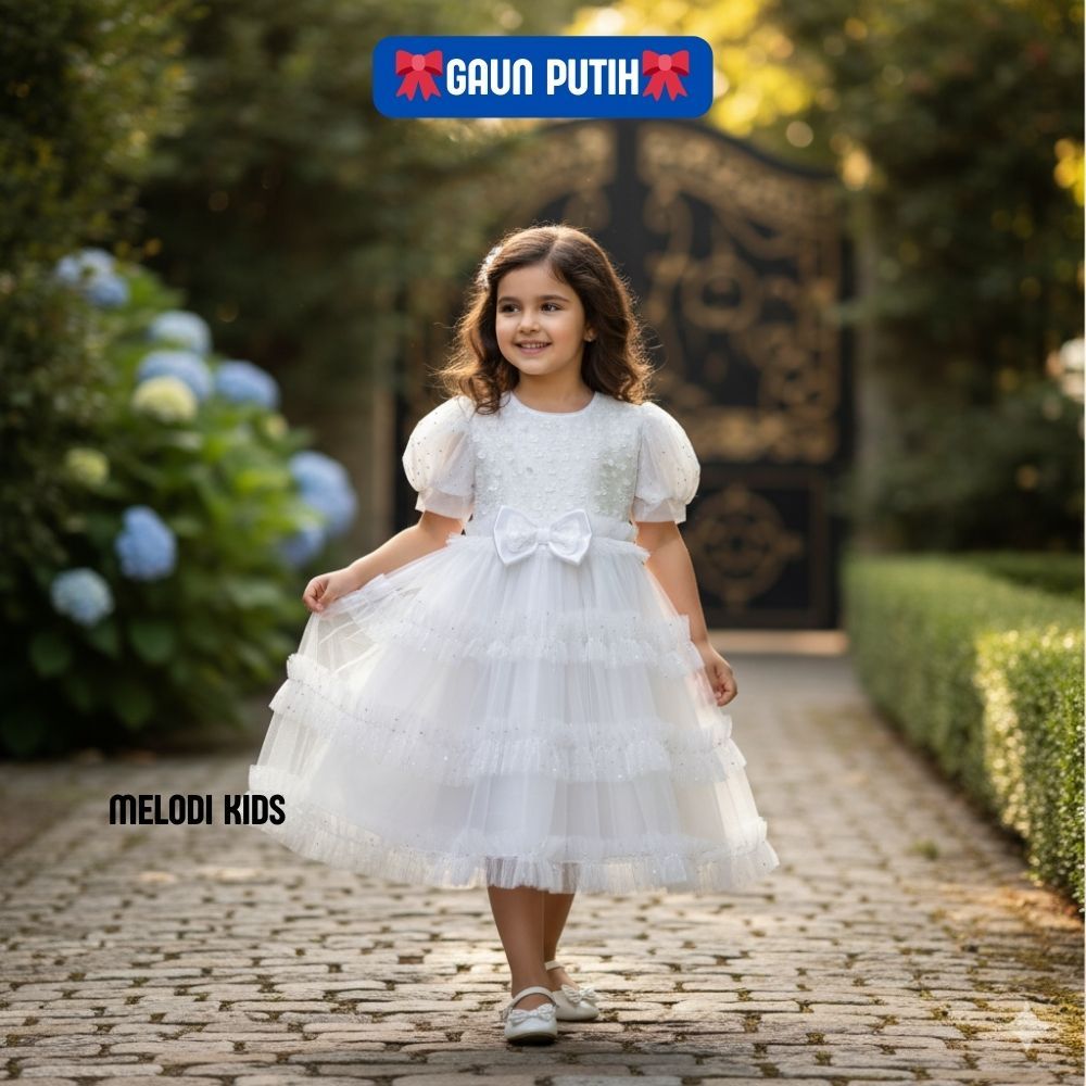 DRESS PESTA PUTIH BROKAT MEWAH ANAK PEREMPUAN USIA 3-8 TAHUN FREE BANDO / DRESS PESTA BROKAT ULANG T