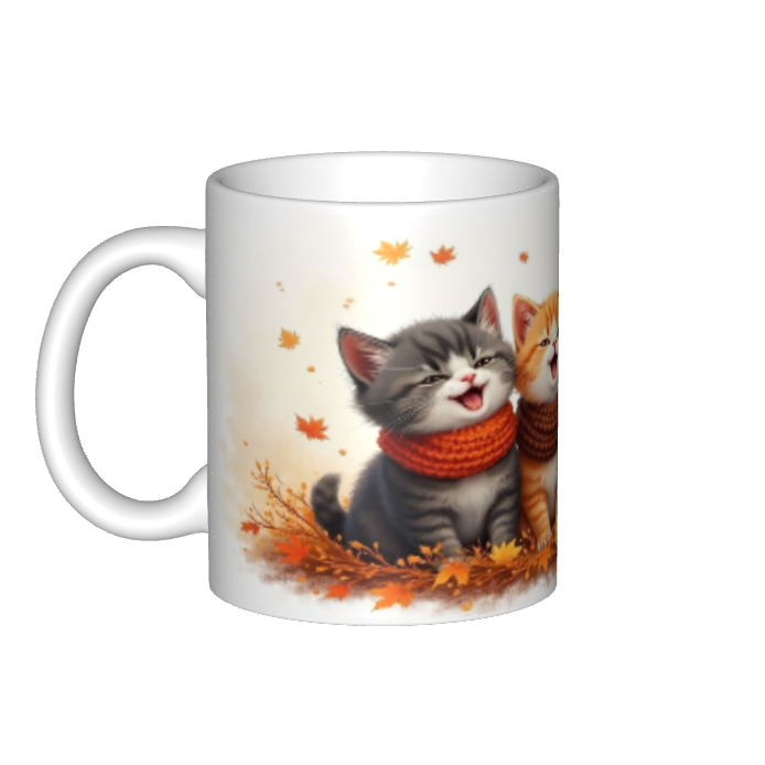 Mug Kopi Musim Gugur dengan 3 Kucing Imut Berkerudung Merah di Tengah Daun Maple Kering