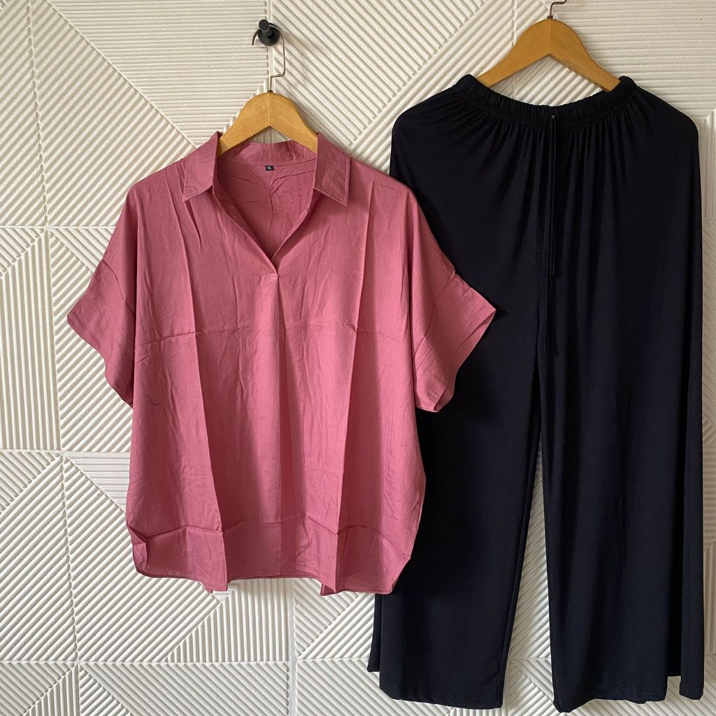 Syafiqa - Setelan Oversize Katun Rayon Polos Wanita / One Set Fresia Celana Panjang Jumbo XXL