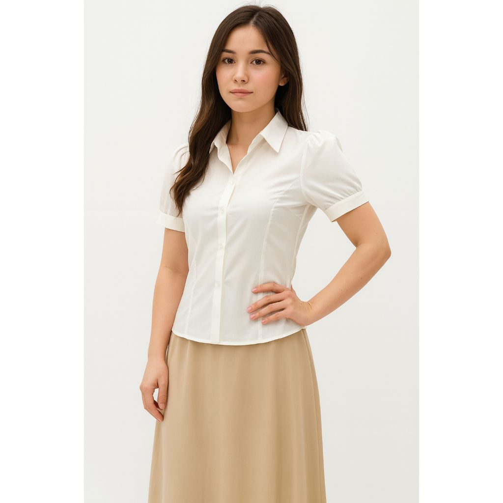 Abbey Fitted Shirt Kemeja Katun Wanita Blouse Lengan Pendek Panjang Casual Korean Style Longsleeve