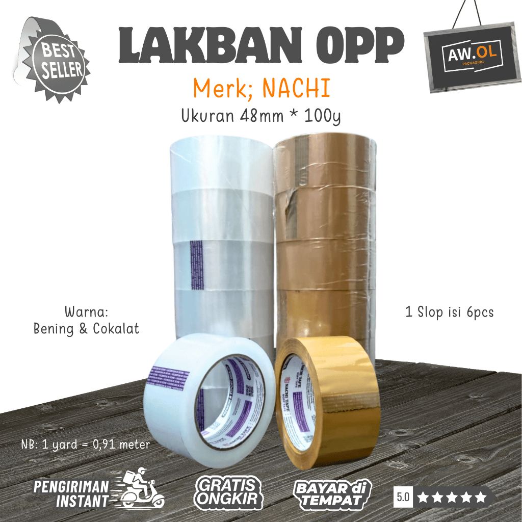 Lakban Bening / Coklat Nachi Tape 48mm x 100Y [6 roll] / Lakban Bening Nachi