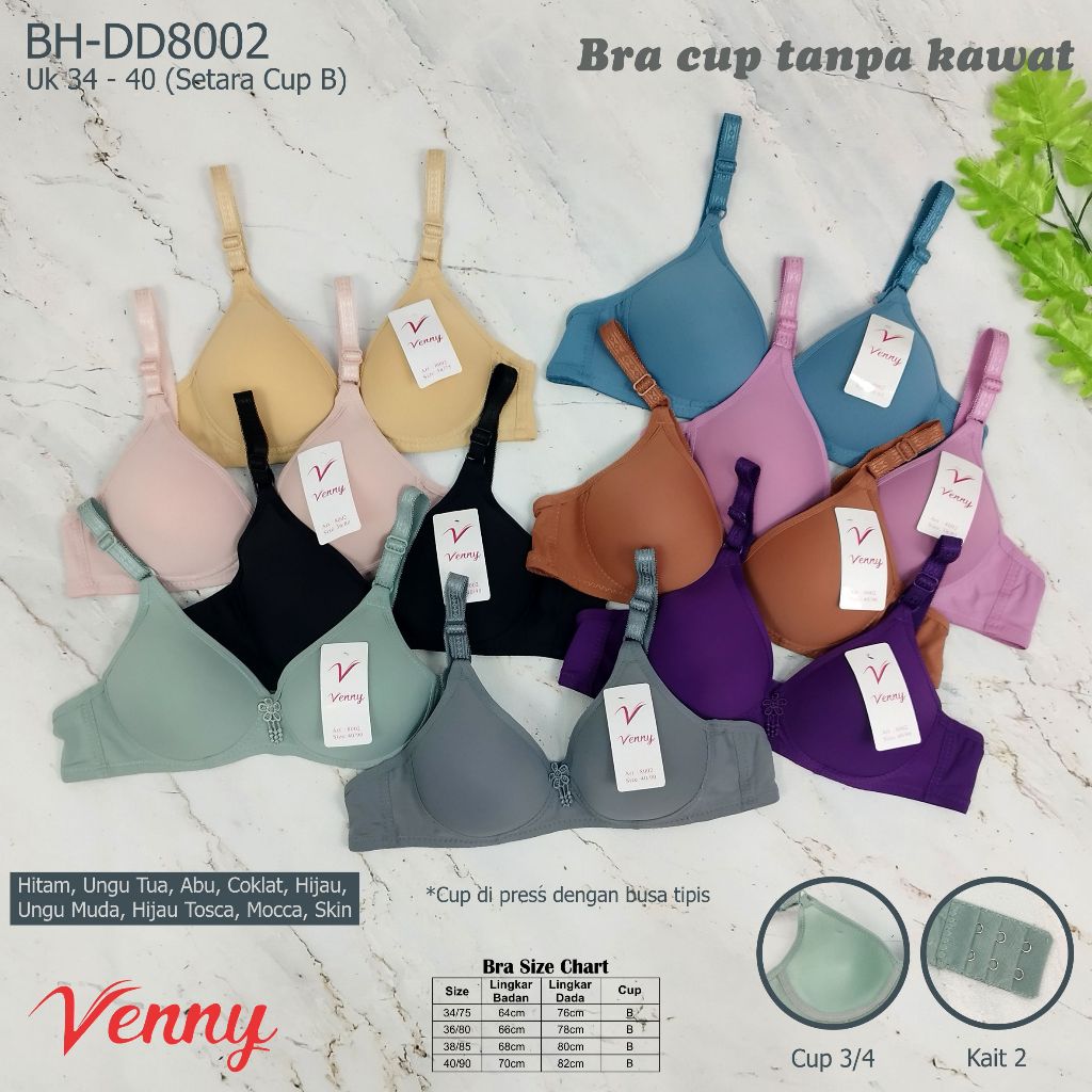 BH Venny DD8002 Tanpa Kawat | Bra Cup 3/4 Busa Tipis | Ukuran 34–40 | Nyaman & Lembut