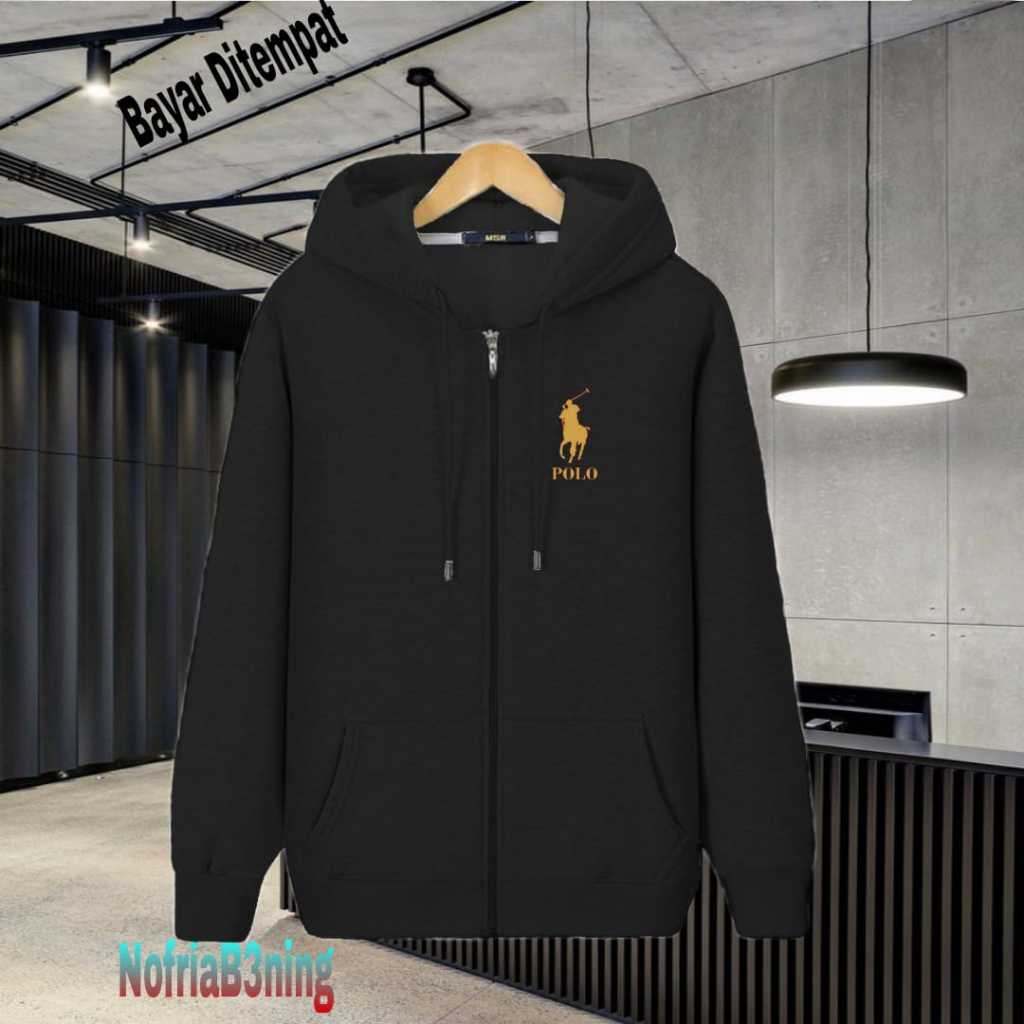 (COD) Jaket Resleting Distro Logo Polo Text Gold Jaket Pria Wanita Terkeren Jaket Denim Distro Katun