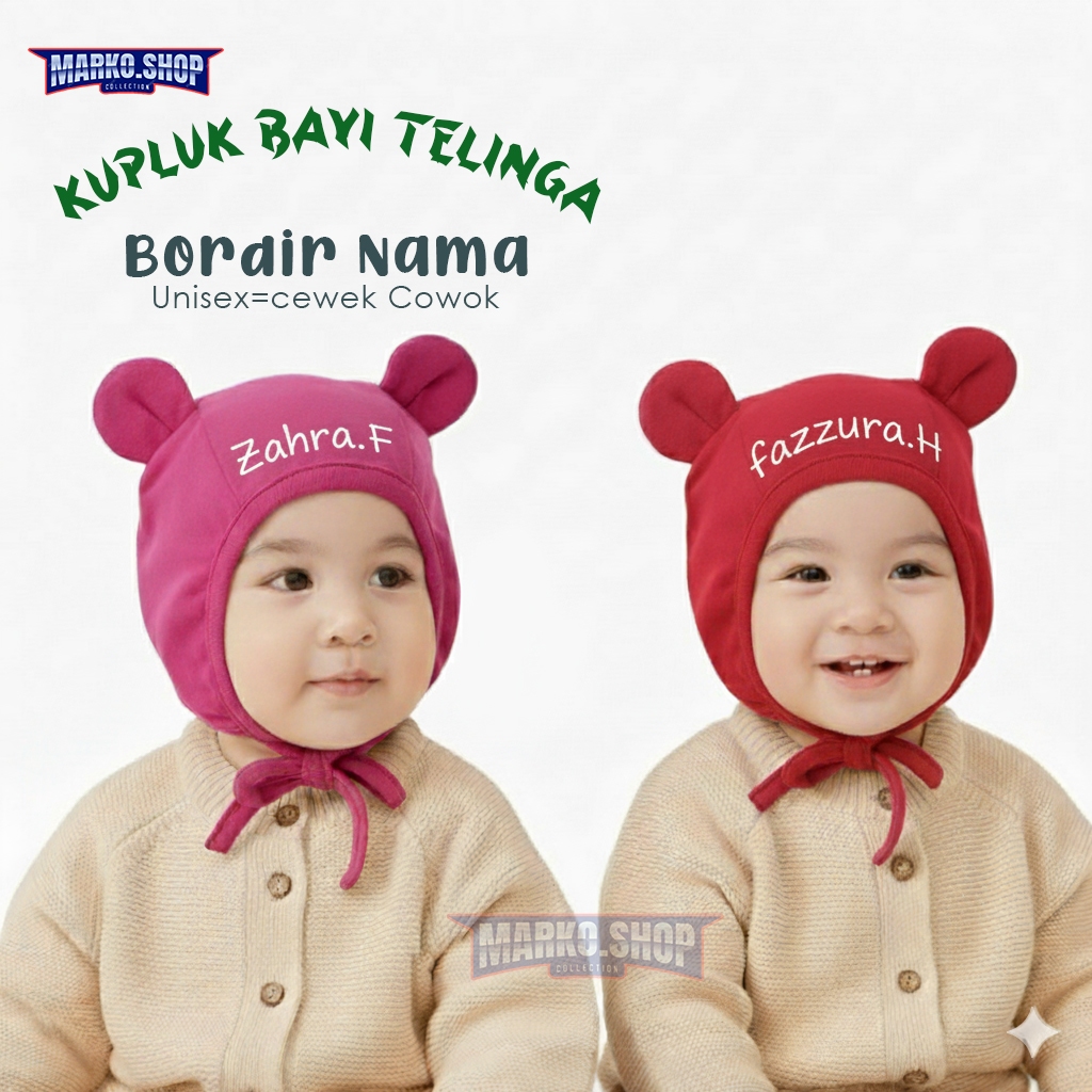 Kupluk Bayi Newborn  Lucu Model Telinga Free Bordir Nama