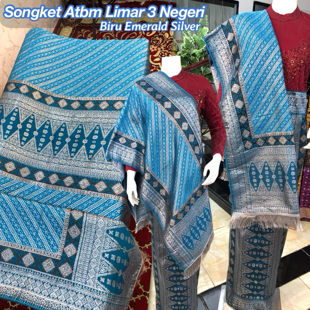 NEW Songket Atbm Limar 3 Negeri Exclusive Biru Emerald / Songket Tenun Mesin Palembang ilham Songket