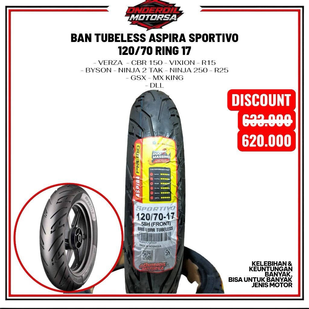 Aspira Premio Sportivo 120/70-17 RING 17 F Tubeless  Ban VERZA CB 150R VIXION R15 BYSON NINJA 2 TAK 
