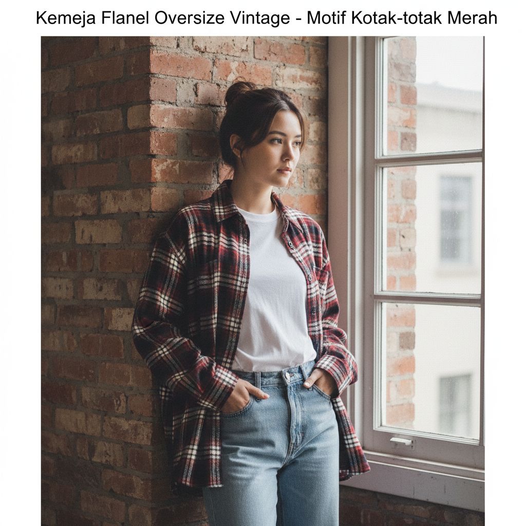 Kemeja flanel oversize vintage - Motif kotak kotak merah