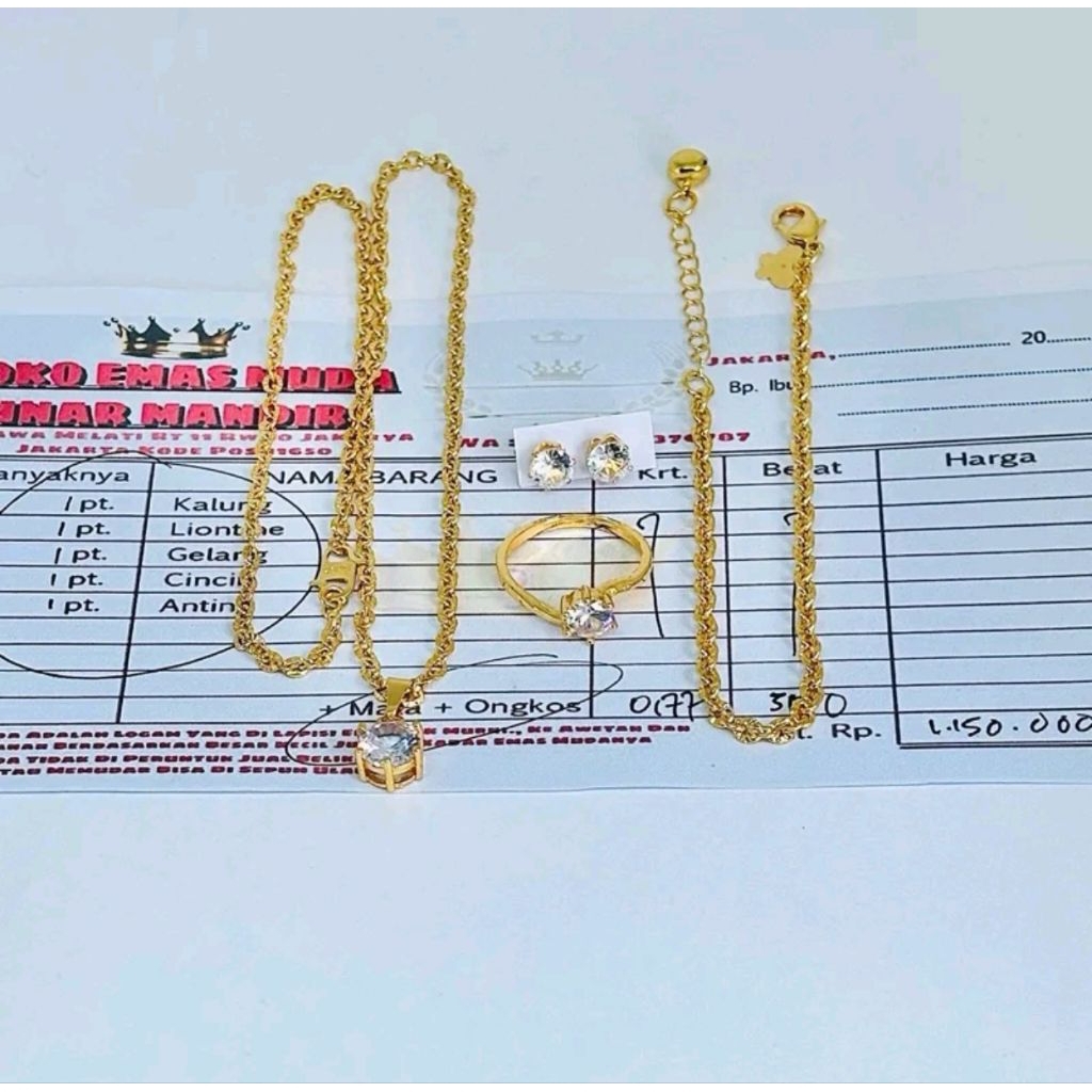 Set perhiasan wanita dewasa motif nuri ukir kalung gelang anting dan cincin emas muda asli ada surat