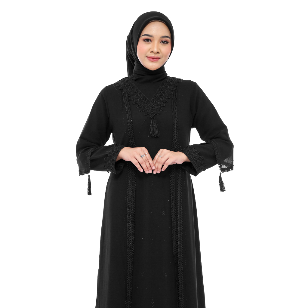 Abaya Hitam & Putih Elegan Payet Mutiara Mewah Gamis Muslim Wanita Set lebaran Jetblack Elegan