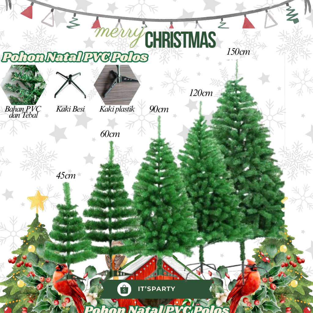 Pohon Natal PVC Ukuran 45cm 60cm 90cm 120cm 150cm | Pohon Natal Plastik | Pohon Natal Mini | Portabl