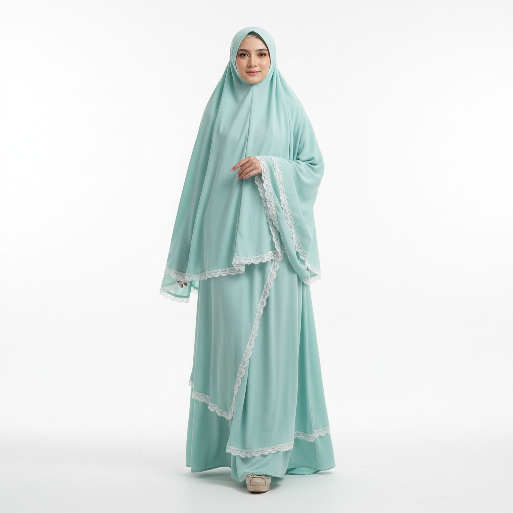 Gamis Naya Syar'i by Ummimi Ranee Brugman Mint + Khimar 2 Layer Renda | Jersey Ceruty Busui Friendly