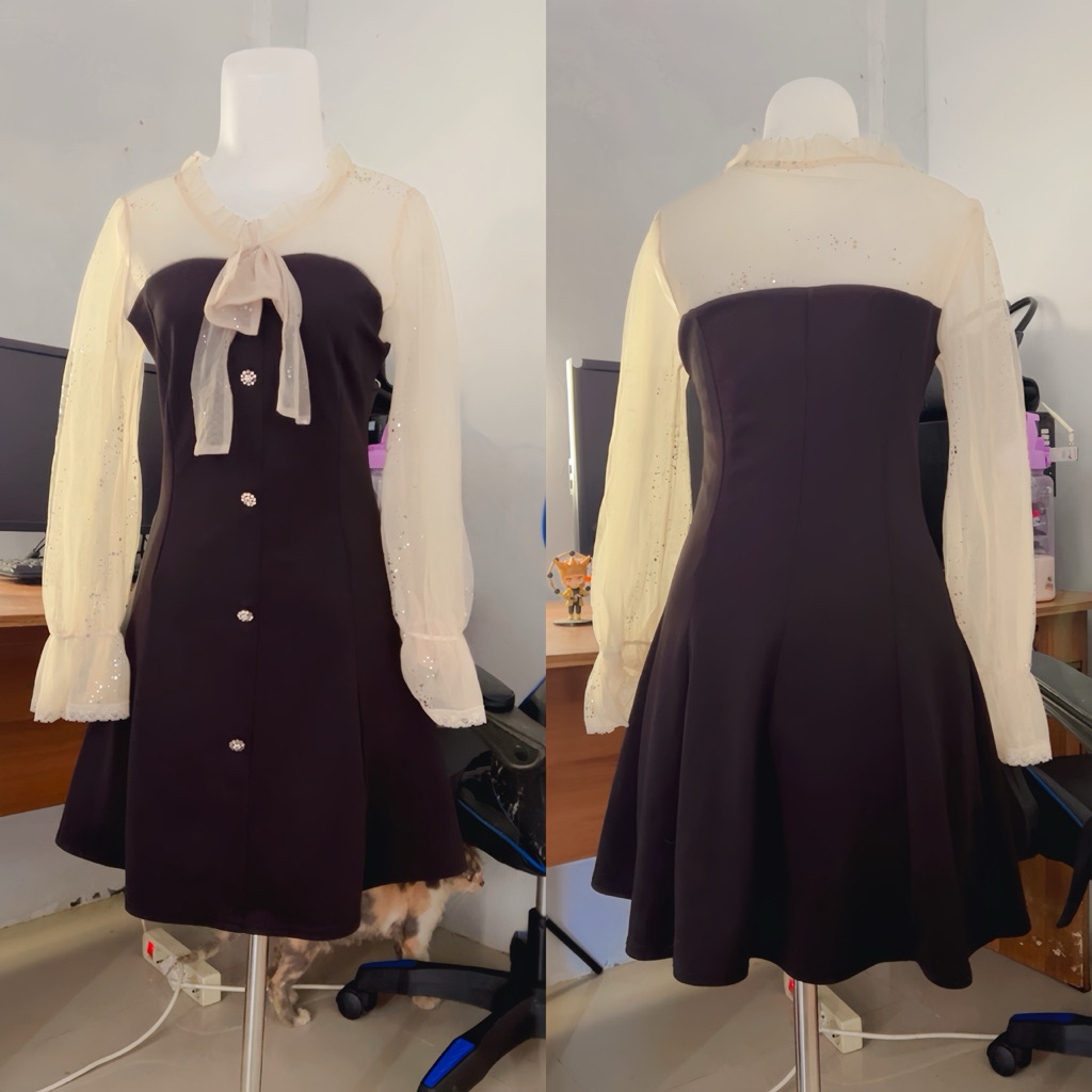 Dress vintage wanita warna hitam elegant pres body lengan panjang outfit korea