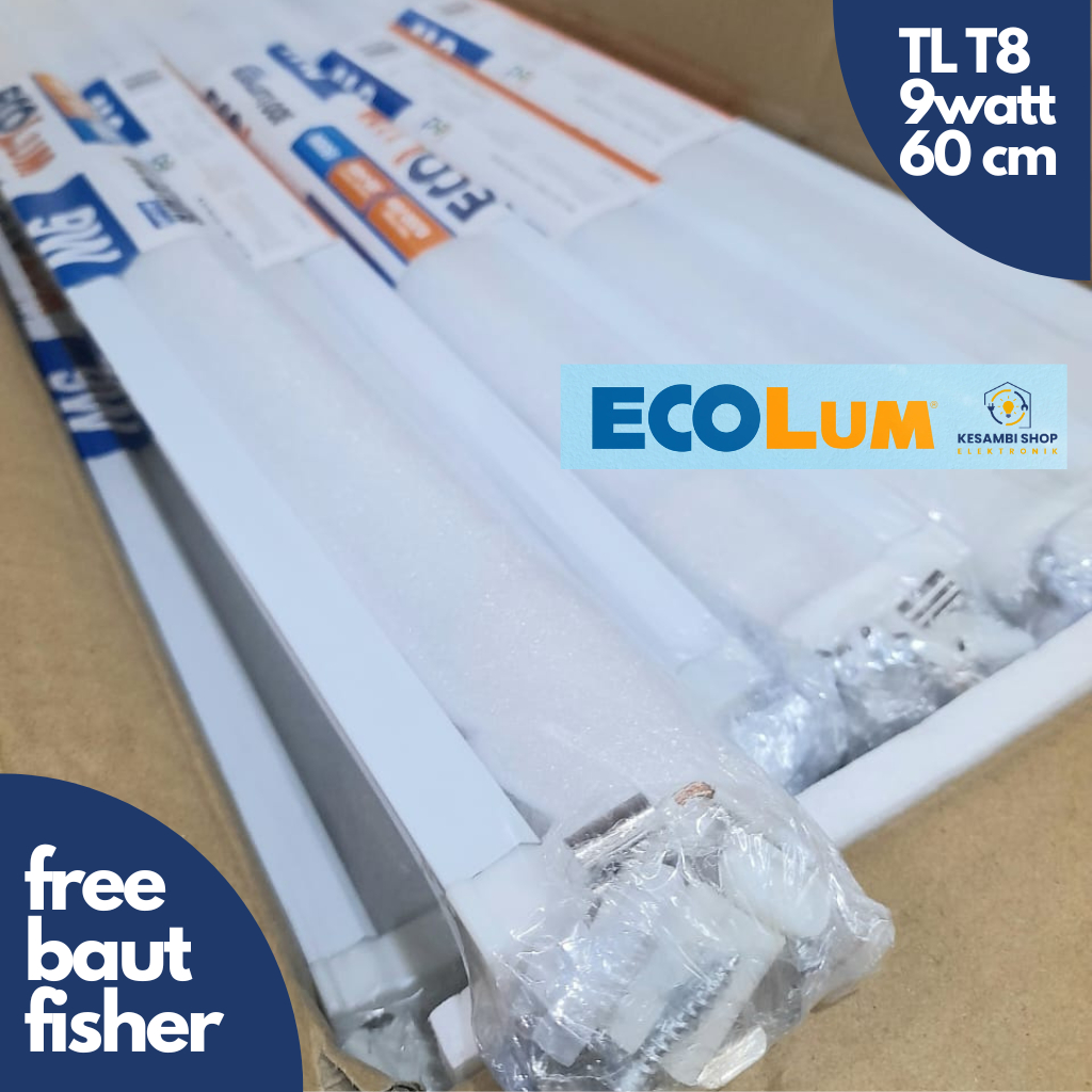ECOLUM [1SET] LAMPU TL LED 9 WATT T8+KAP MEVAL ECOLUM 60cm PUTIH