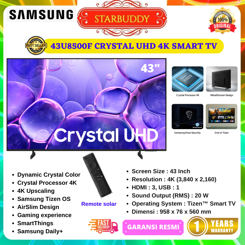 LED TV SAMSUNG 43U8500F 43 INCH UHD 4K SMART TV REMOTE SOLAR (INSTANT)