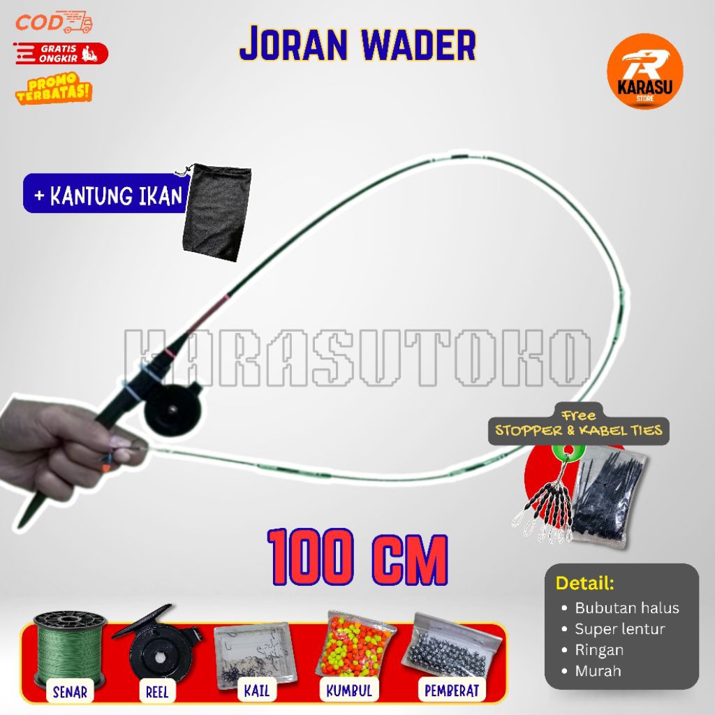 (Ready stock) Joran Lentur Wader Satu Set Panjang 100 cm – (Joran Gagang Kayu + Reel Tokos) harga pe