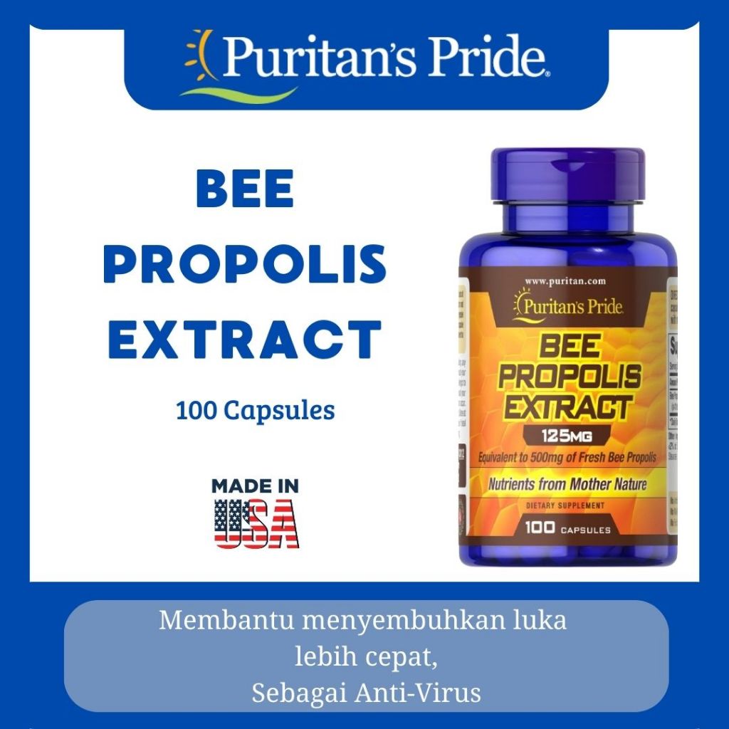 Puritan's Pride Bee Propolis 500mg 100 Kapsul Obat Vitamin Anti Virus Antibiotik Alami Meningkatkan 
