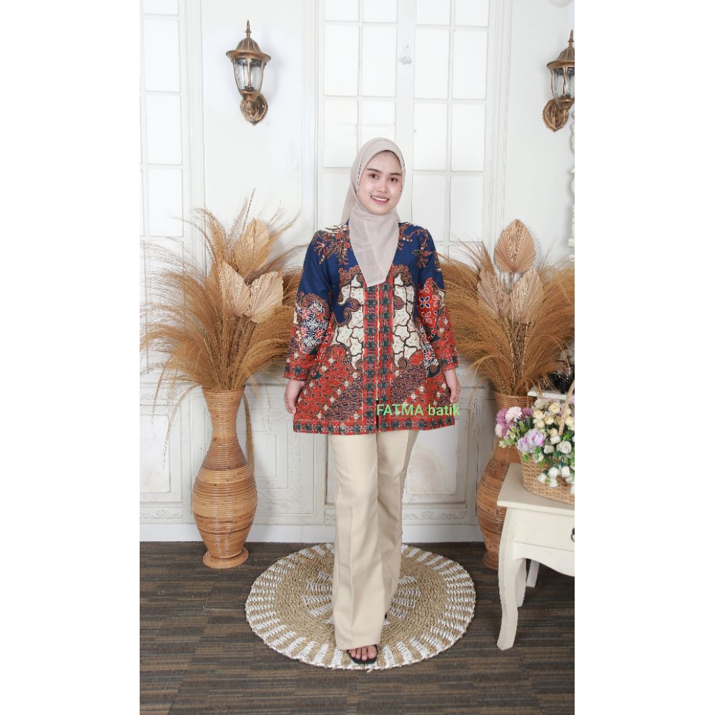 BAJU BATIK WANITA TUNIK LAPIS TRIKOT, atasan wanita lengan panjang