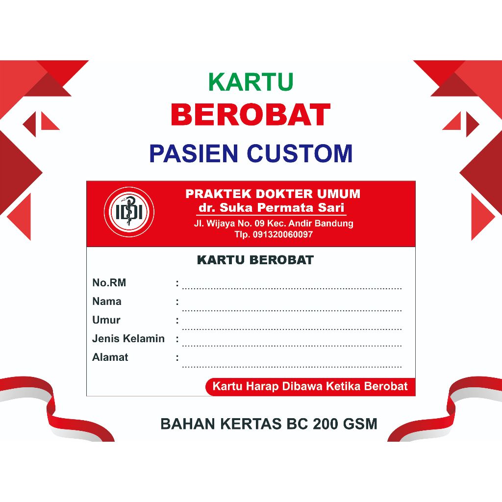 Kartu Berobat Pasien Custom 9x6cm Bahan Kertas Tebal