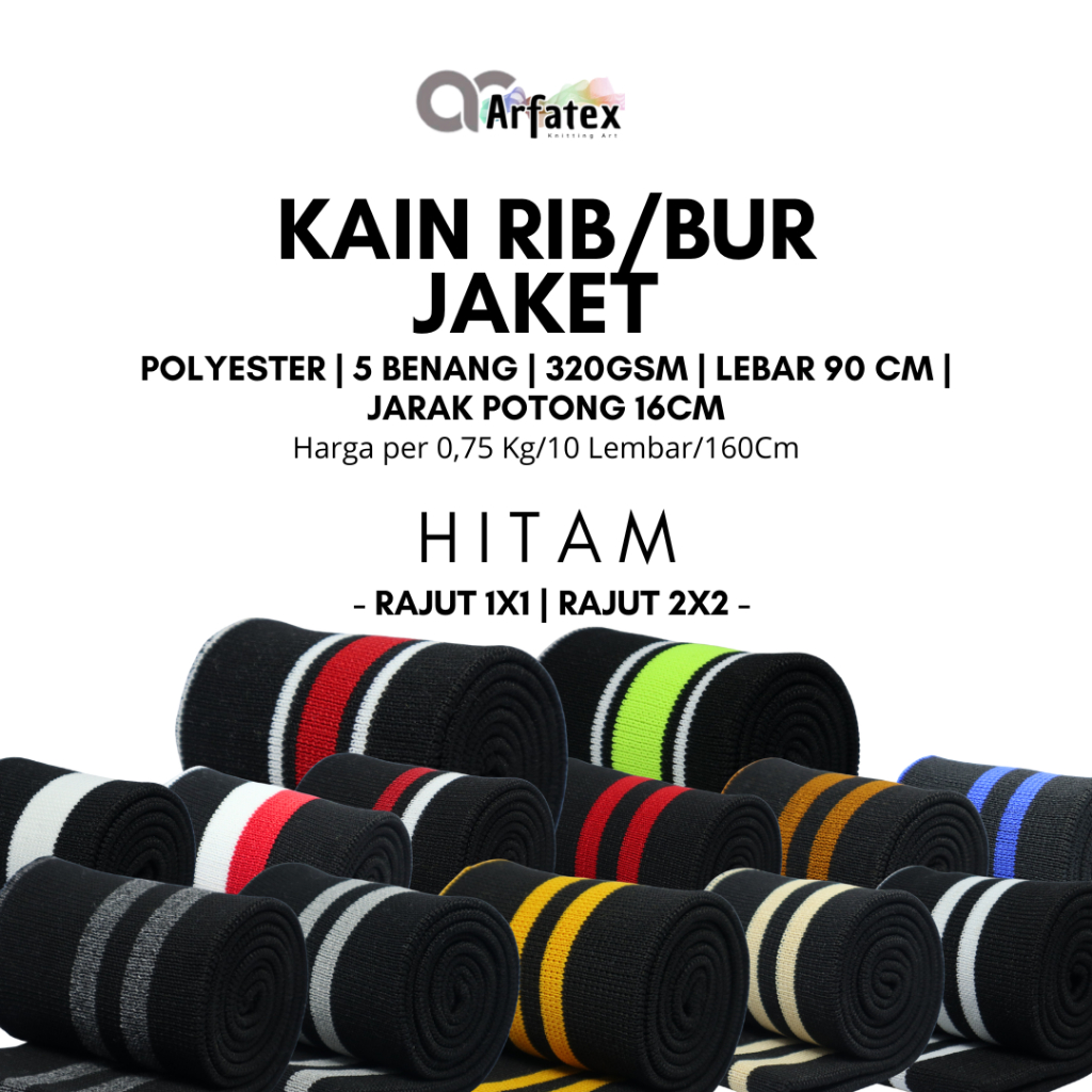 Kain Rib 90cm hitam Tebal, Lembut, Elastis Banyak Warna Polos & Garis poliester rajut premium